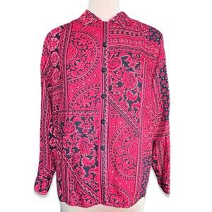 Vintage 90s Koret Red Black Patchwork Floral Button Front Blouse Artsy Eclectic